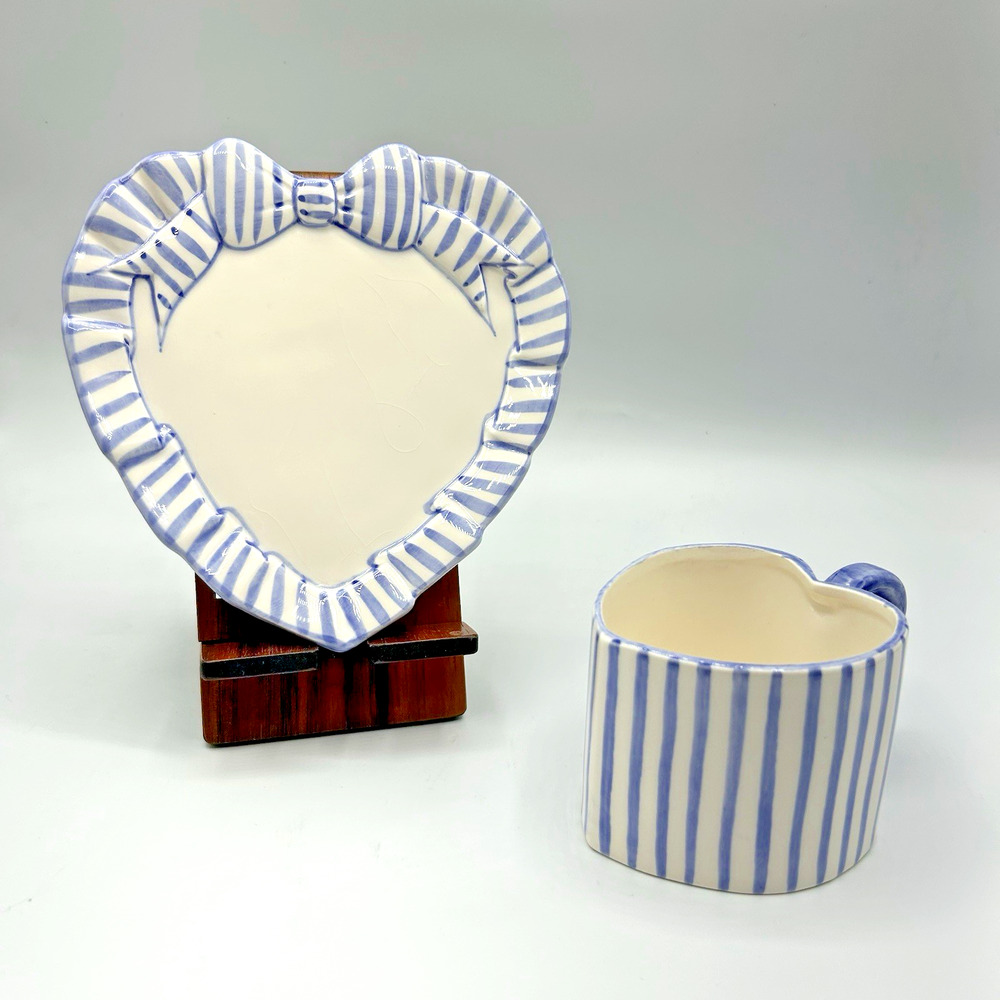 The Haldon Group Heart Blue Stripe Collection Ribbon Flat Cup & Saucer Set 1990